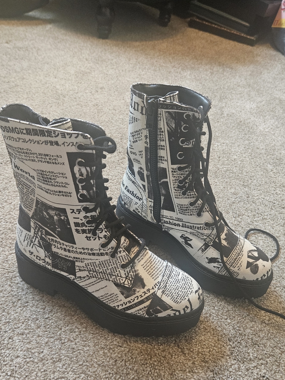 Dolls Kill Black and White Newspaper Print Combat Boots